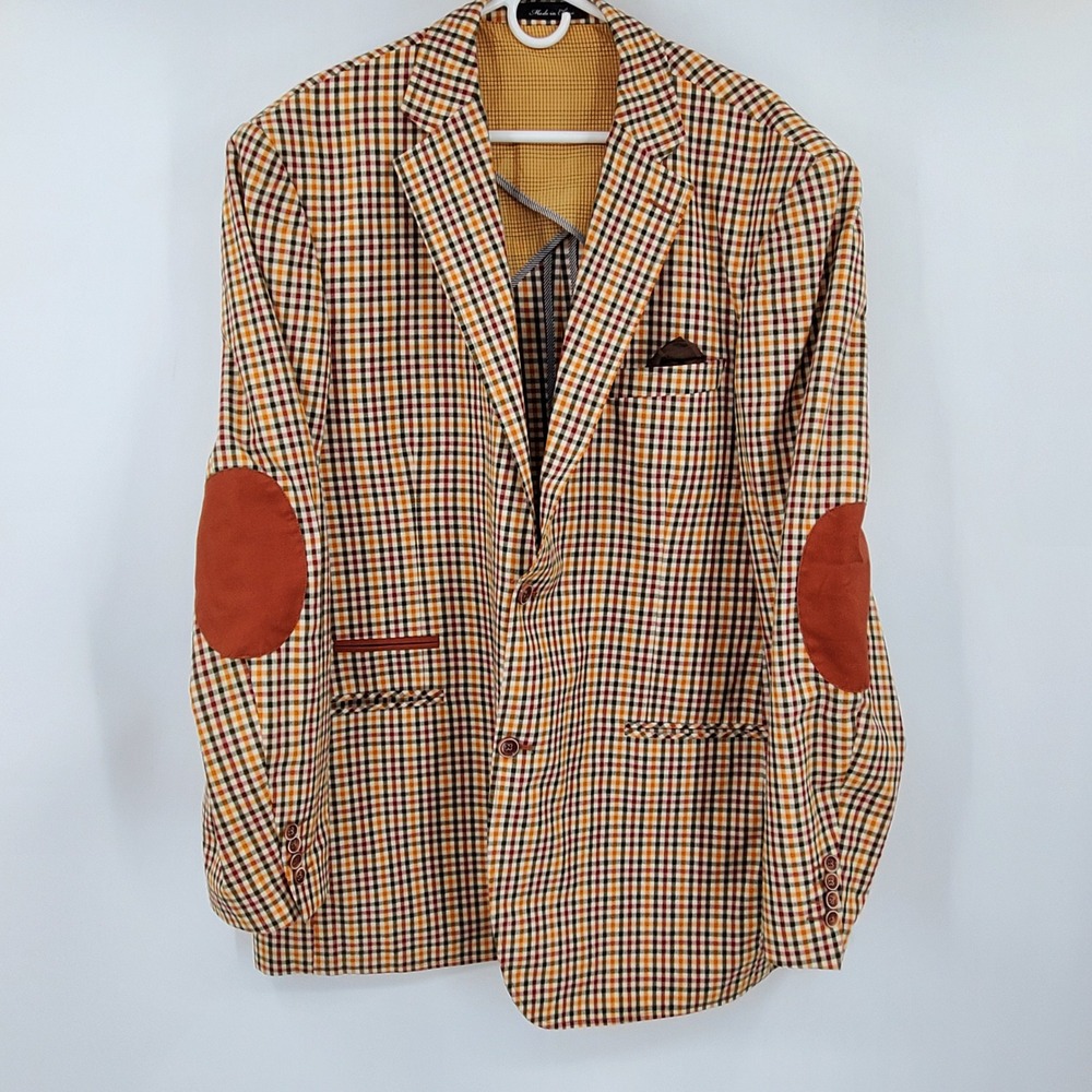 Inserch Men's 3XL Blazer Sport Coat Multicolor Gingham‎ Plaid Elbow Patches Prep